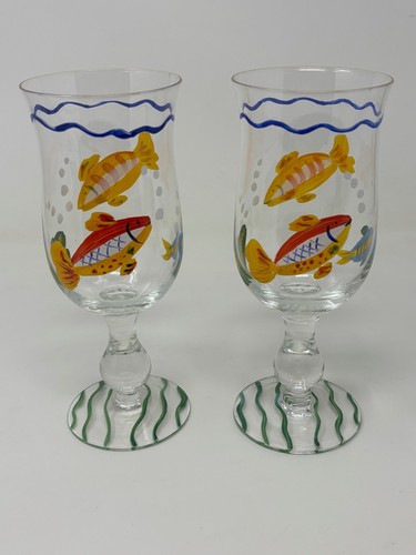 2 Hand Painted Goldfish Wine Cocktail Hurricane Goblets Glasses 8"