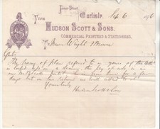 1876 Hudson Scott & Sons, Commercial Printers Carlisle illustrated  letterhead