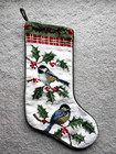Vintage Needlepoint Christmas Stocking Two Chickadee Birds with Holly  18" L