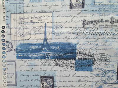VINTAGE PARIS SCRIBE POST CARDS MARKS EIFFEL TOWER BLUE COTTON FABRIC FQ 