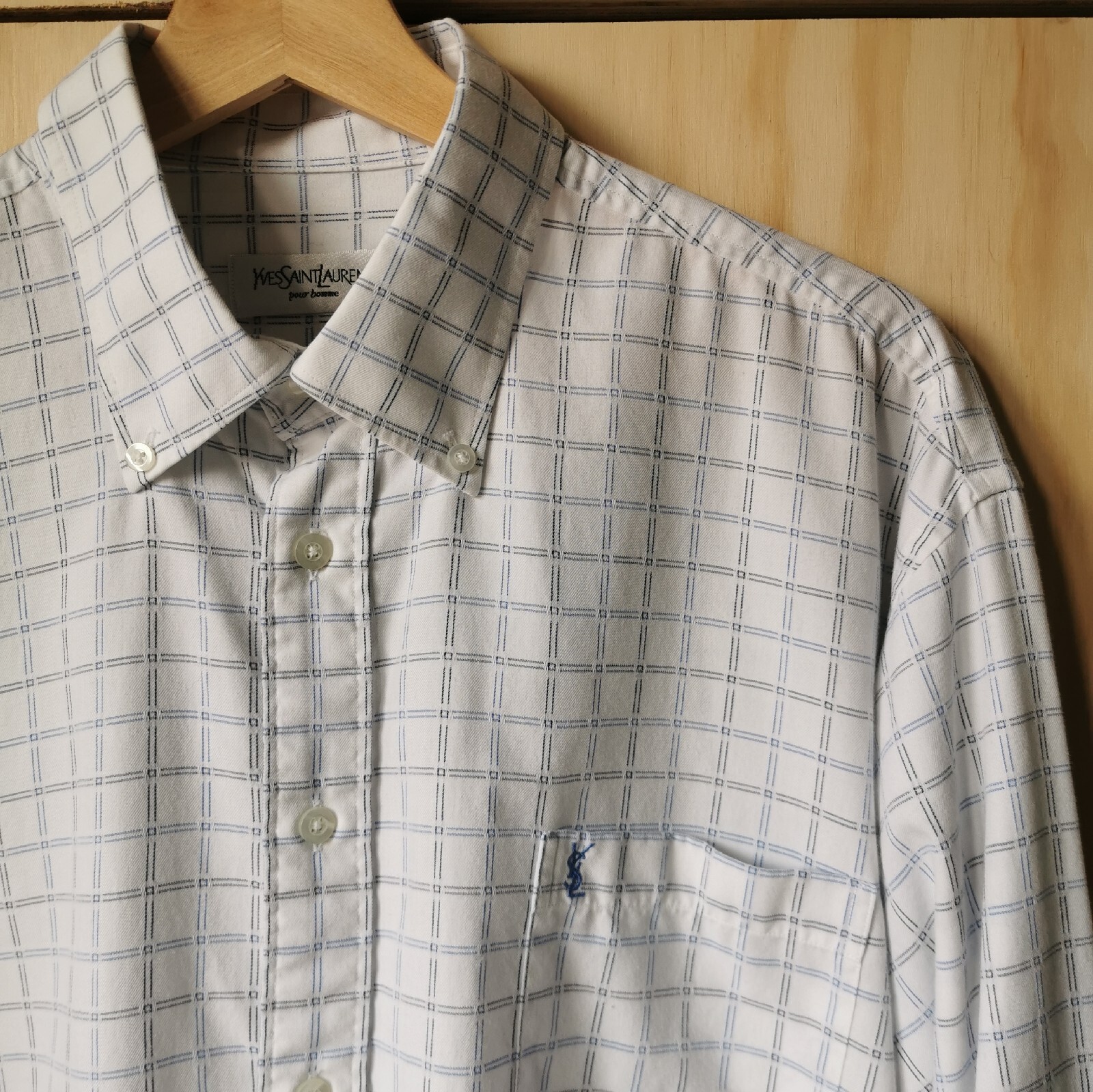 Camicia Yves Saint laurent manica lunga con bottoni bianca blu a quadri circonferenza petto 48