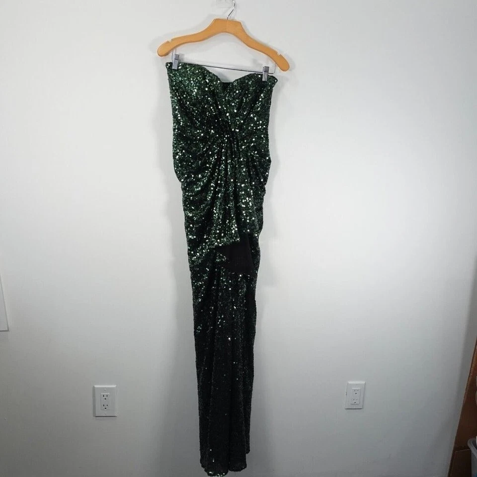 BADGLEY MISCHKA Dress 8 Green Long Gown Sequin Draped Bridesmaid Evening Forest - Image 2 of 4