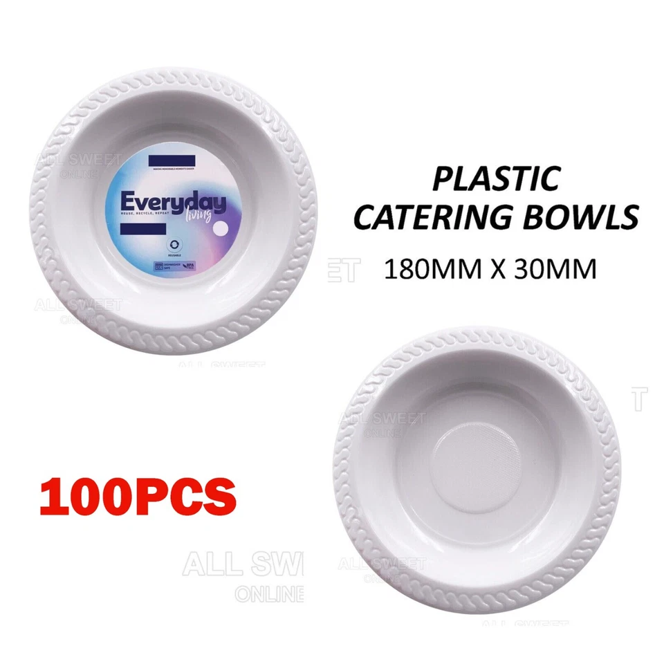 100x Reusable Party White Plastic Dinner Bowls 180mm Catering Picnic Round Bowl - image 3 of 4