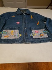 New Identity denim jacket 100 cotton floral embroidery long sleeve Petite Large