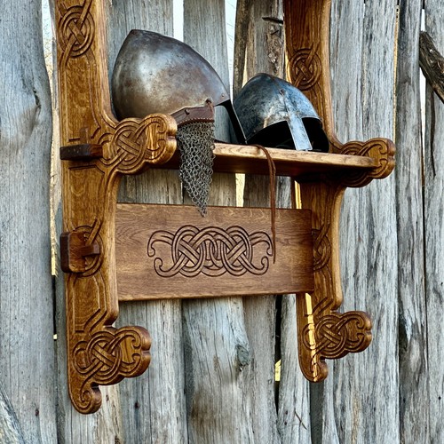 Hand-Carved Viking Helmet Stand – Odin’s Ravens | Solid Oak - Picture 14 of 14