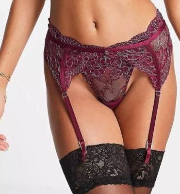 *70% OFF SALE*  SEXY SUSPENDER Metallic Gold Thread Burgundy Medium RRP £18