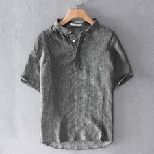 Herren Leinen Splice Gestreift Kurzärmel Top Henley Hals Basic Neu