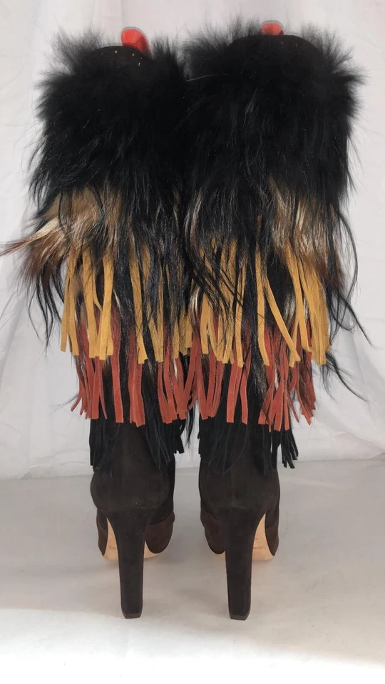 39,5/8,5 ❤️JIMMY CHOO лисий мех и бахрома замши колена высокий каблук высокие ботинки Италии - Изображение 4 из 4