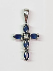 PRETTY 14kw Gold 1.00 ctw Blue Sapphire & Diamond Cross Pendant Necklace — photo 1
