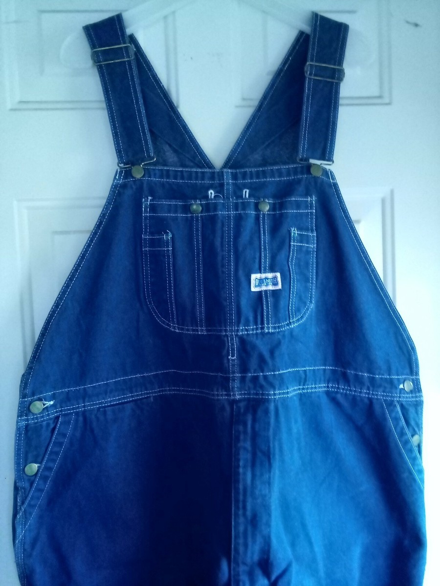 Big Smith Bib Overalls Blue 44x30 Zipper Fly Pockets Leather
