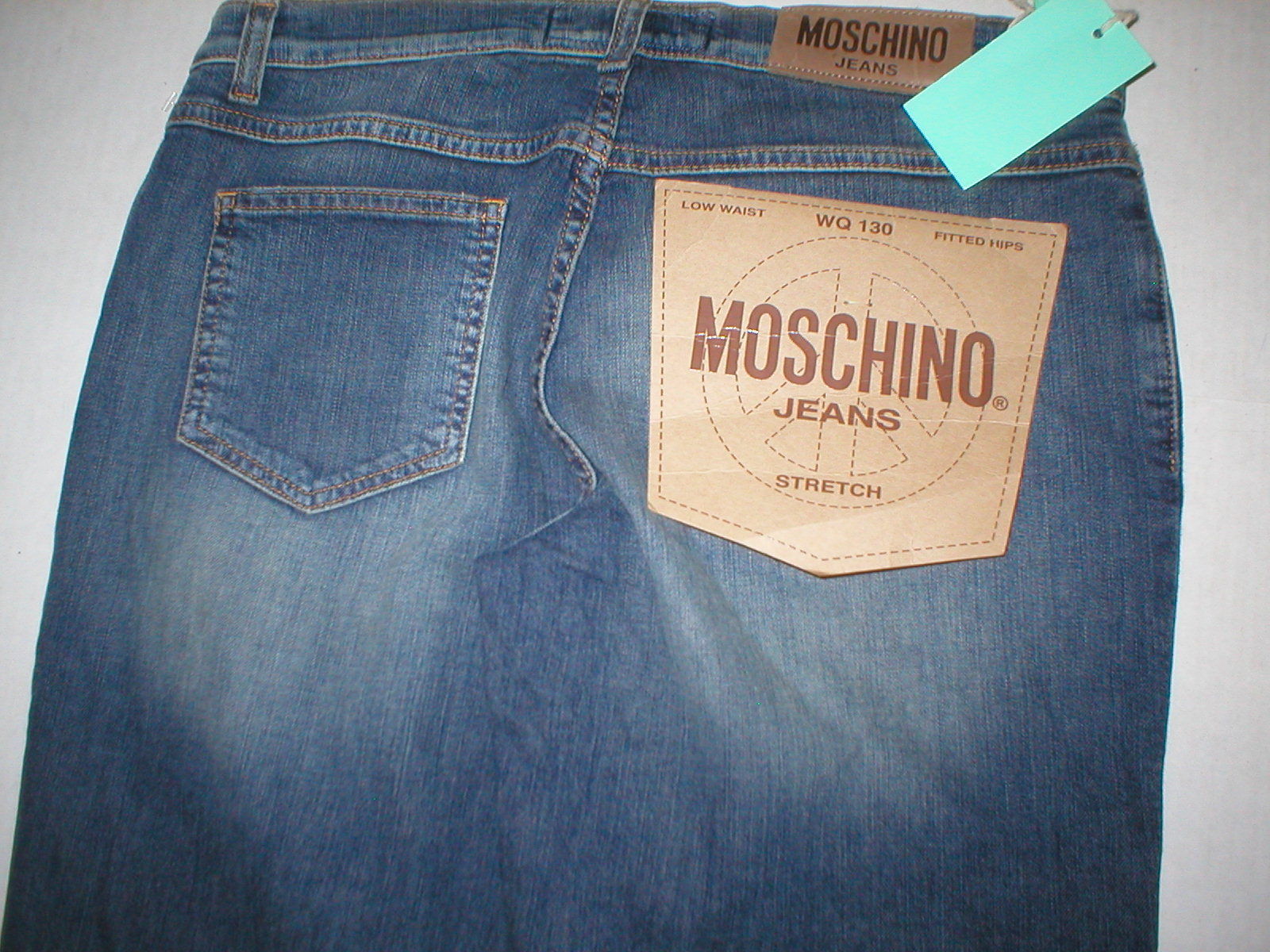 New Womens 30 Designer Moschino Blue Dark Jeans Logo Stretch NWT Distressed Hem