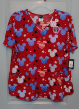 Disney Mickey Mouse 4th of July V Neck Medical Scrub Top Women's Red Stars 2XL