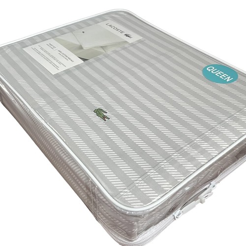Lacoste 4pc QUEEN Percale Sheet Set Dash Stripe Gray White Cotton Lightweight - Picture 4 of 10