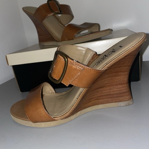 Tan Leather Open Toe Bruno De Milano Wedge Shoes For Women's NEW Size 9 - 第 1/6 張圖片