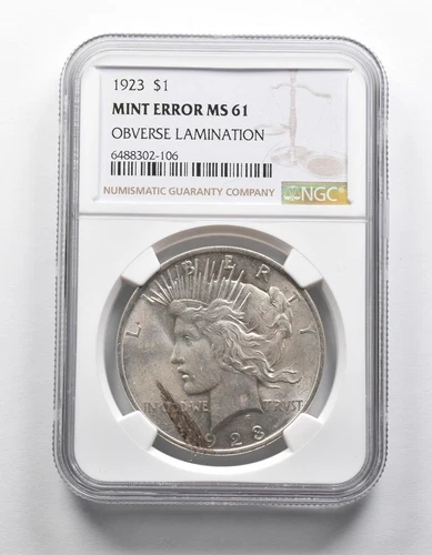 Mint Error MS61 1923 Peace Silver Dollar OBV Lamination NGC *1929