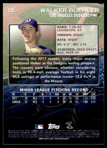 2018 TOPPS STADIUM CLUB ROOKIE WALKER BUEHLER R95 - Picture 2 of 2