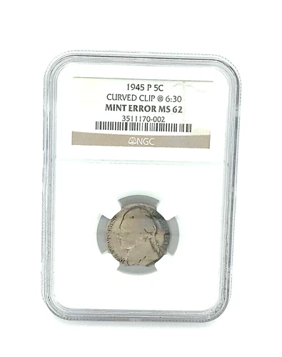 ~OBO~ 1945-P NGC MS62 Error Coin Curved Clip 5C Jefferson Nickel