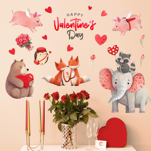 Happy Valentine'S Day Wall Decals Stickers, Valentine Animals Red Love Heart Flo - Picture 4 of 12