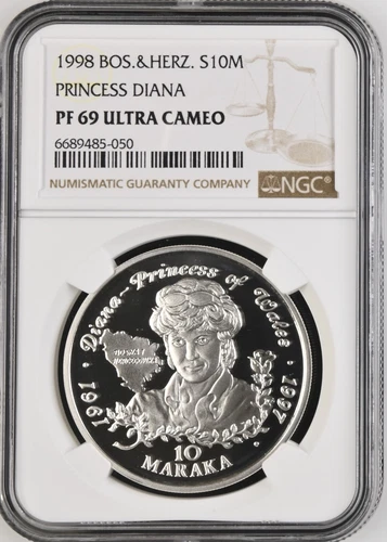 1998 BOSNIA & HERZEGOVINA SILVER 10 MARAKA PRINCESS DIANA - NGC PF69 ULTRA CAMEO