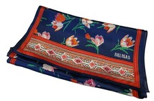 Bill Blass Designer Vintage Floral Navy Tulip NOS Rolled Silk Scarf 52" x10.5"