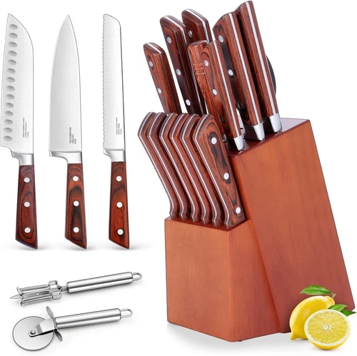 Knife Set, 15-Piece Kitchen Knife Set with Block Wooden German Stainless Steel