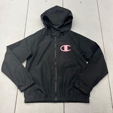 Champion Black Full Zip Hooded Track Jacket Logo Print Athletic Girls Medium Y