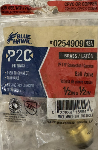 Blue Hawk P2C Brass 1/2" x 1/2" Push Ball Valve for PEX, CPVC, Copper - 0254909