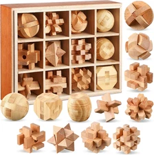 12 Pcs Wooden Brain Teaser Puzzles Set, Educational Games 3D Wooden Puzzle, Logi