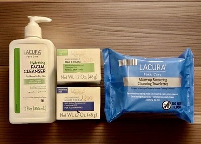 LACURA Skin Care Set: Q10 Day & Night Creams, Hydrating Cleanser, & Makeup Wipes