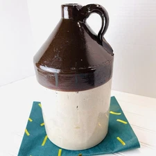 Vtg Moonshine Whiskey Jug Crock Stoneware Brown & Tan- 12"x6.5” -RCP Co Akron OH