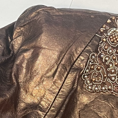 Vintage französische Collizioni Bronze Leder offene Jacke Perlen Details laut Größe X - Bild 5 von 24