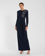 Mac Duggal Jersey Long Sleeve Fitted Gown with 3D Flowers Size 16 NWT