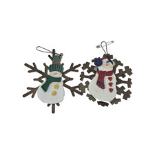 Rustic Wooden Snowman Snowflake Ornaments Set of 2 Christmas Holiday Decor