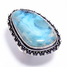 Natural Larimar Gemstone 925 Sterling Silver Handmade Vintage Style Ring 6.75 US