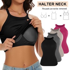 Women Ribbed Tank Tops Built in Bra Halter Tank Top Sleeveless Undershirt Tank