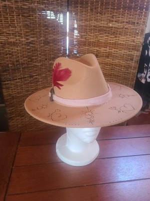 Hand Burned Hat Pink Feather Hearts Flowers Sun Moon Mountain Scene Adjustable