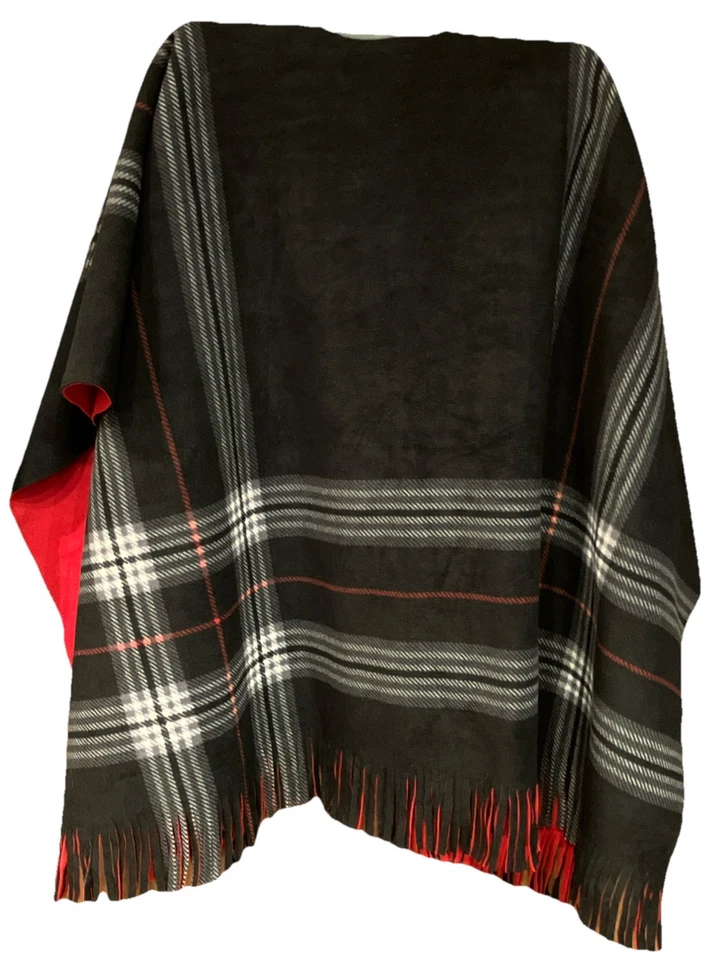 NUEVO Poncho Rachel Roy Reversible Capa Negro Gris Rojo Cuadros, Rojo Sólido Talla Única Foto 2 de 4