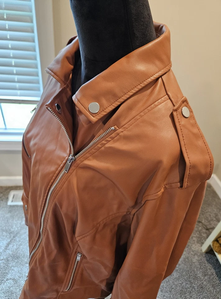 NUEVO CON ETIQUETAS Chaqueta de Bombardero Nine West Imitación Cuero Motociclista Marrón Talla Grande 3X Foto 3 de 4