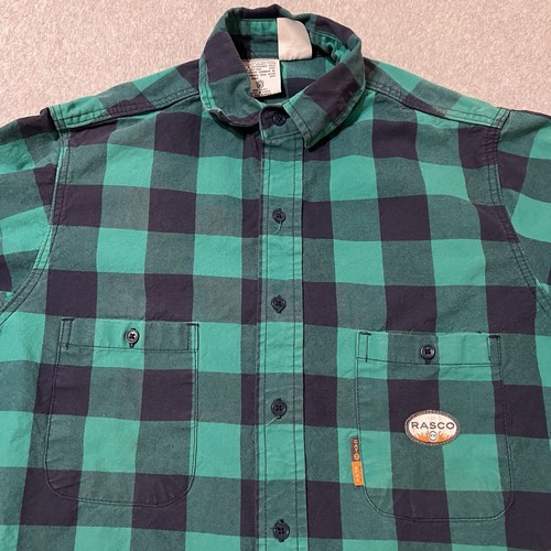 Rasco FR Shirt Men’s Large Navy Green Buffalo Check Plaid Weld Electrician Twill - Picture 4 of 17