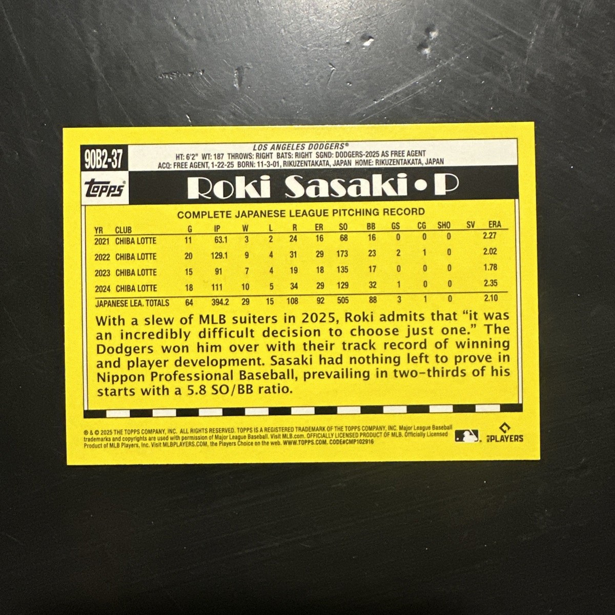 2025 Topps Series 2 ROKI SASAKI #90B2-37 '90 Topps Retro Dodgers