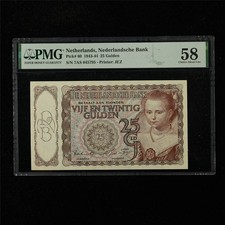 1943-44 Netherlands Nederlandsche Bank 25 Gulden Pick#60 PMG 58 Choice About UNC
