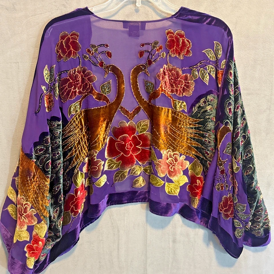 Aris A Silk Top Velvet Peacock Velvet Beaded Boho Kimono Asian Art Wear - Image 2 of 4