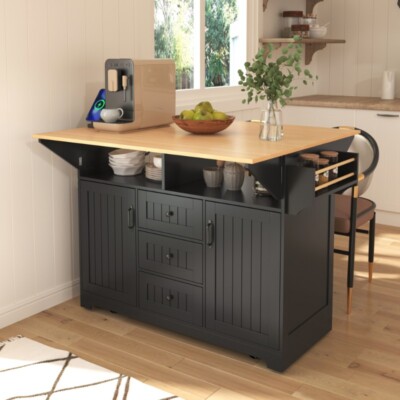 55.7'' Large Kitchen Island with 2 Drop Leaf Rolling Kitchen Cart on 5 Wheels