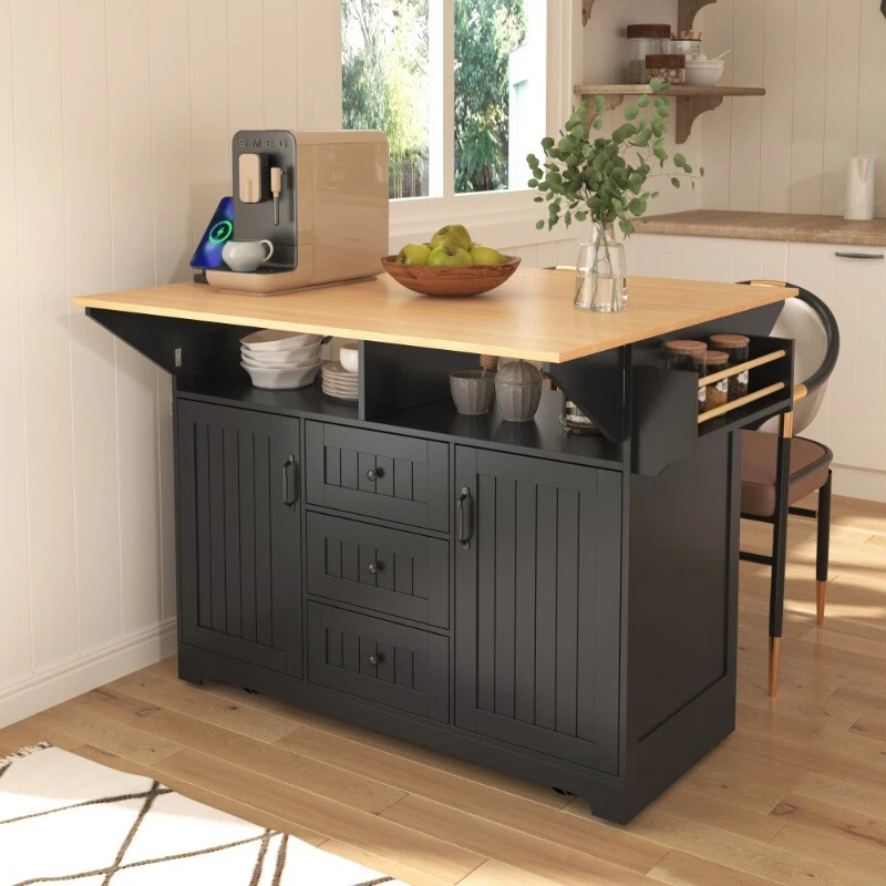 55.7'' Large Kitchen Island with 2 Drop Leaf Rolling Kitchen Cart on 5 Wheels - Image 2 of 4