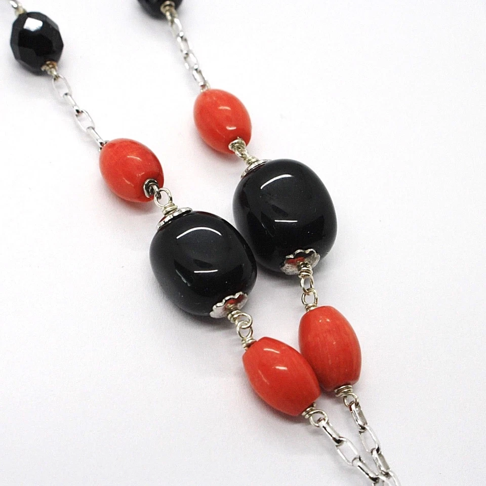 COLLANA ARGENTO 925, AGATA DISCO SFACCETTATA, ONICE, CORALLO, FIORE PENDENTE - Immagine 4 di 4