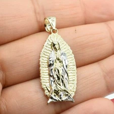 1 1/2" Two Tone Diamond Cut Virgin Mary Pendant Real Solid 10K Yellow White Gold
