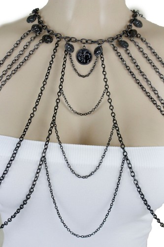 Women Fashion Jewelry Set Black Metal Body Chain Sexy Necklace Ethnic Coin Charm - Picture 4 of 12