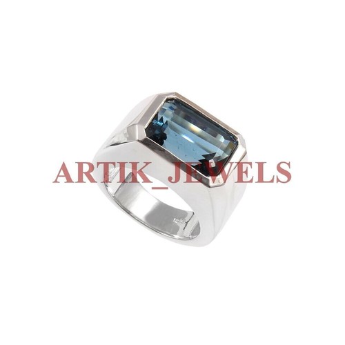 Natural London Blue Topaz with 14K White Gold Plated Silver Ring for Men #2689 - Picture 9 of 13