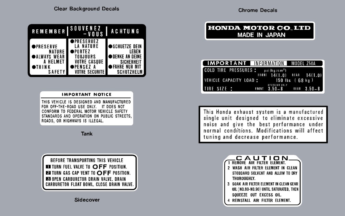 HONDA Z50 1976 WARNING LABEL DECAL SET REPRO Z50A Soft Tail Z50J