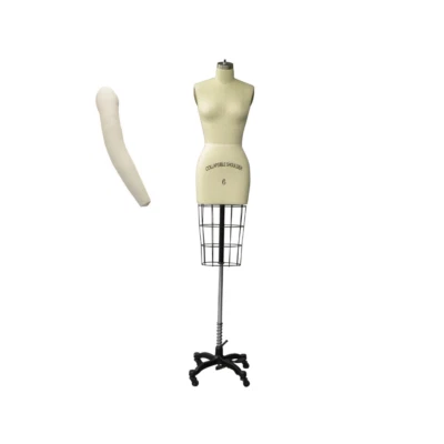 AMERICAN DRESS FORMS Size 6 Linen Half Body Pro Female Dress Form Mannequin with Arm & Padding Kit